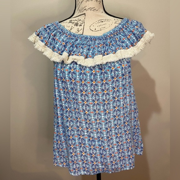 ROBERTA ROLLER RABBIT Lucia Fringe Off Shoulder Top Blue Tile Print sz S - Picture 1 of 8